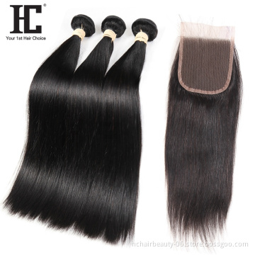 HC Straight Hair 3 Bundles With Closure Brazilian Remy Human Hair Weave 13x4 Pre Plucked Lace Frontal Closure With Bundles 4 Pcs